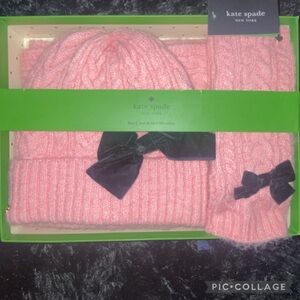 Kate Spade Pink Knit Hat, Scarf & Arm Warmers Set with Black Bow